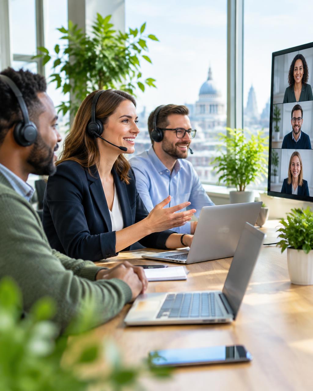 Business team using cloud communications with video calling