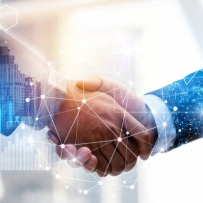 Business Partnership. business man investor handshake with effect global network link connection and graph chart of stock market graphic diagram, digital technology, internet and partnership concept